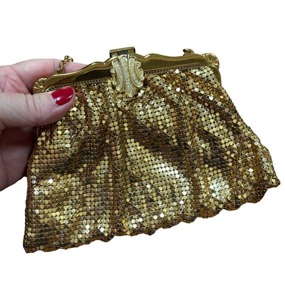 Vintage Whiting & Davis gold mesh evening bag top handle clutch rhinestone clasp - Picture 6 of 13